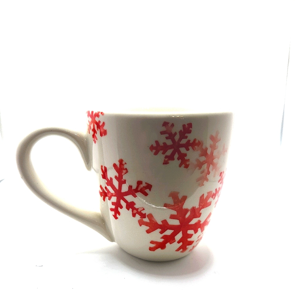 KIC Brushes SNOWFLAKE White Red Christmas Winter Hand Painted Coffee Mug 4"